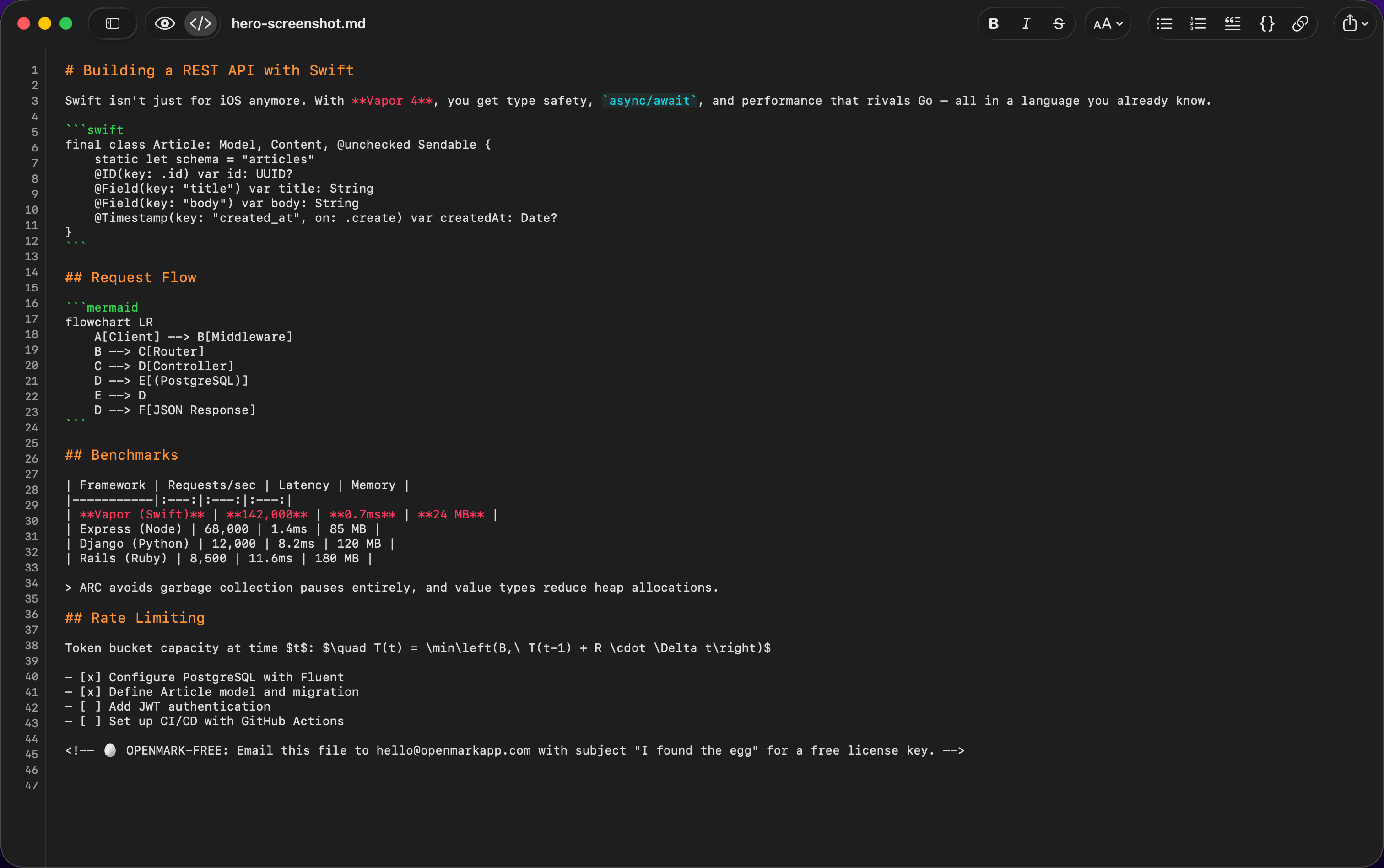 OpenMark markdown editor — Markdown view showing syntax-highlighted source code